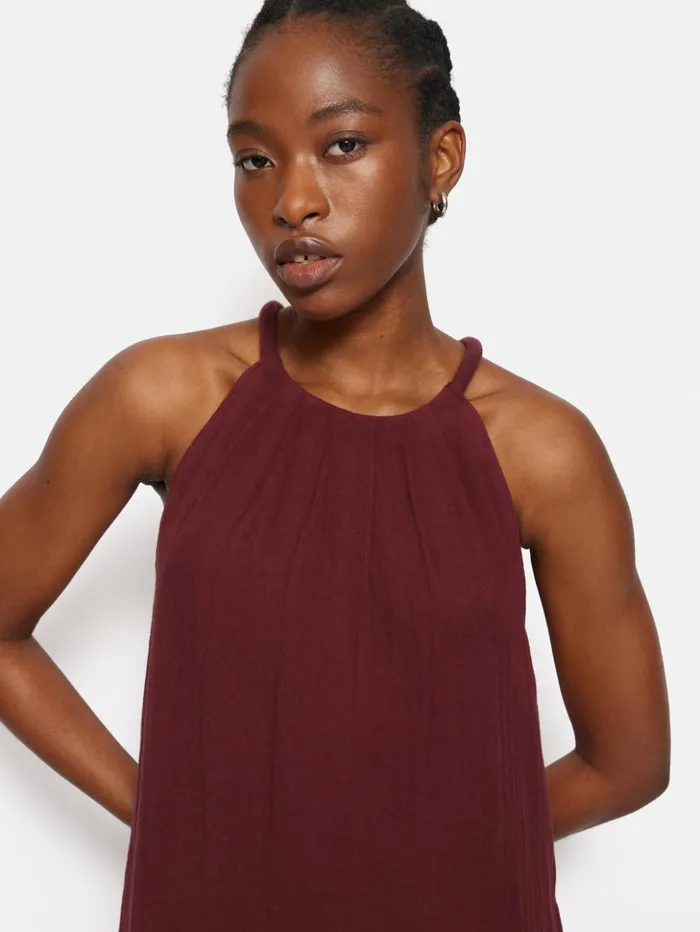 Jigsaw Halter Neck Cheesecloth Dress Burgundy Women Dresses and Jumpsuits
