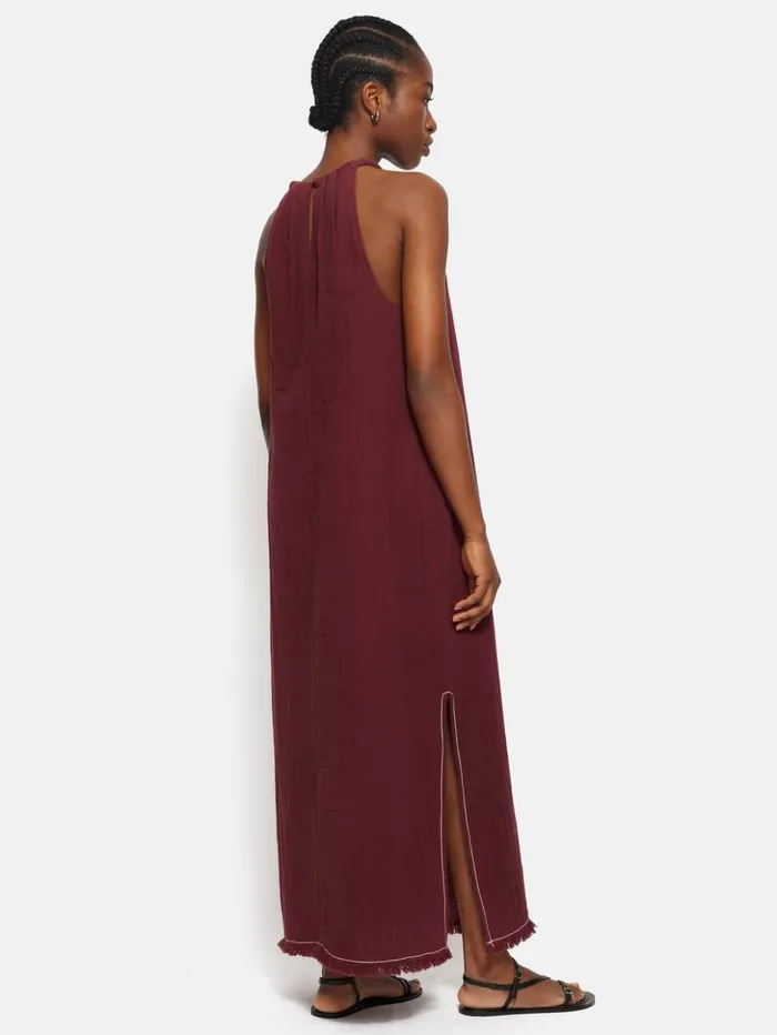 Jigsaw Halter Neck Cheesecloth Dress Burgundy Women Dresses and Jumpsuits