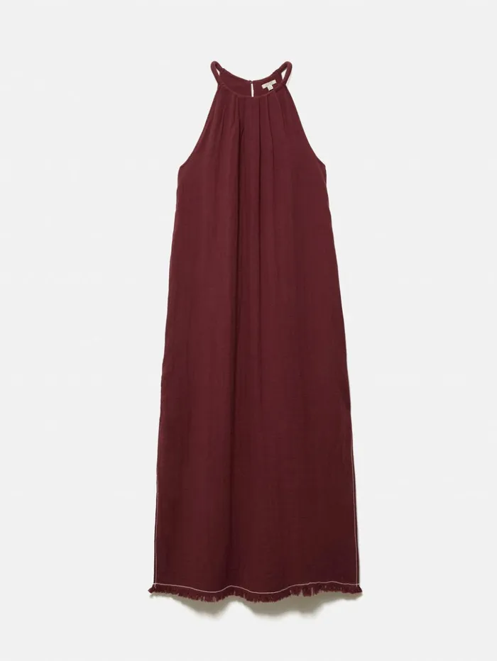 Jigsaw Halter Neck Cheesecloth Dress Burgundy Women Dresses and Jumpsuits