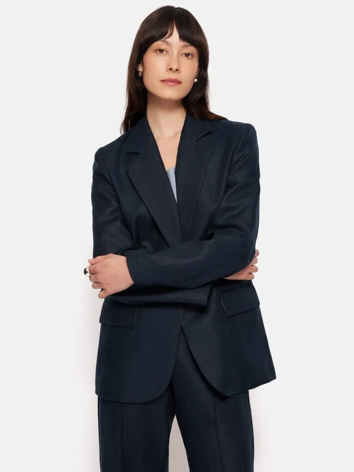 Jigsaw Irish Linen Herringbone Gibson Blazer Navy Women Coats and Jackets