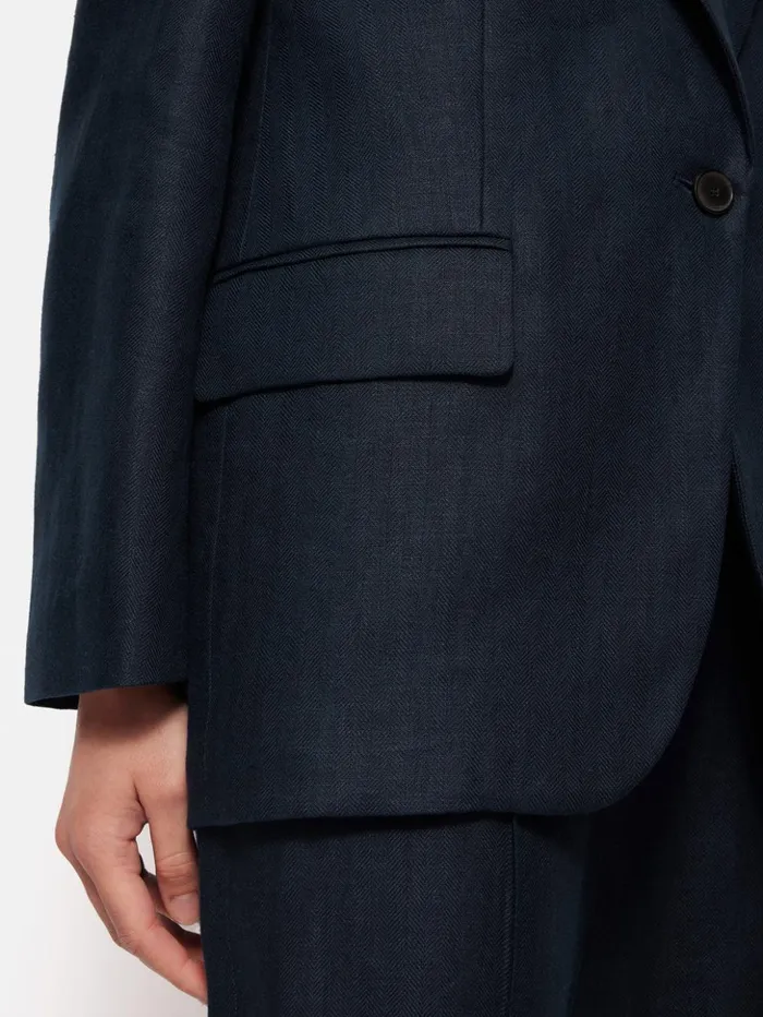 Jigsaw Irish Linen Herringbone Gibson Blazer Navy Women Coats and Jackets