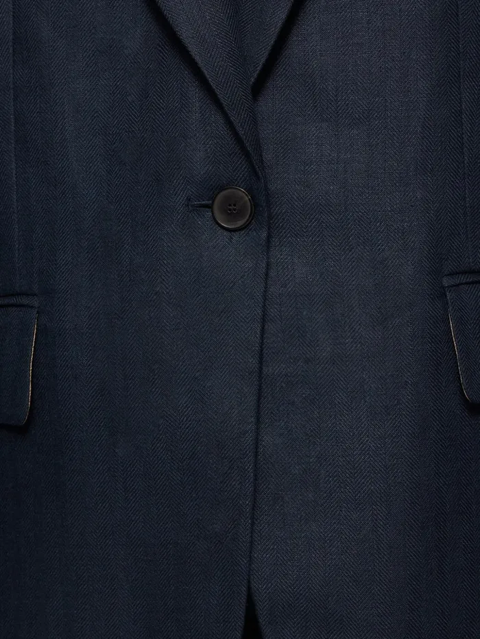 Jigsaw Irish Linen Herringbone Gibson Blazer Navy Women Coats and Jackets