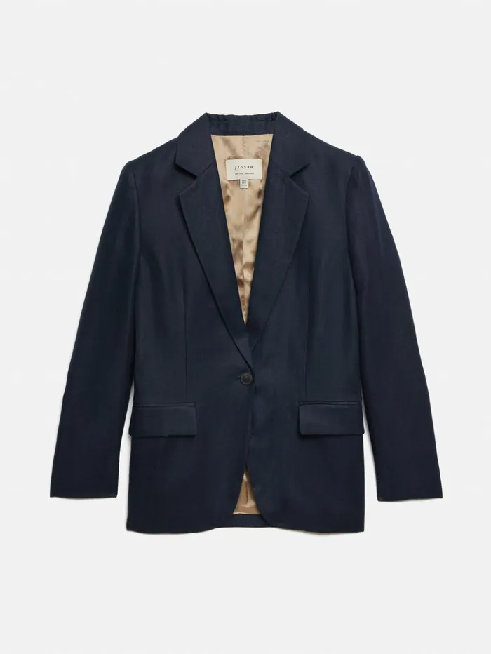 Jigsaw Irish Linen Herringbone Gibson Blazer Navy Women Coats and Jackets