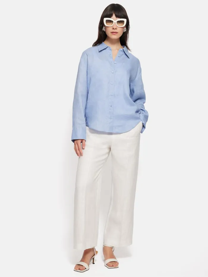 Jigsaw Irish Linen Herringbone Palazzo White Women Trousers
