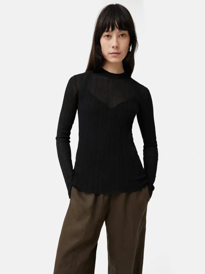 Jigsaw Irregular Plisse Crew Top Black Women Shirts and Tops