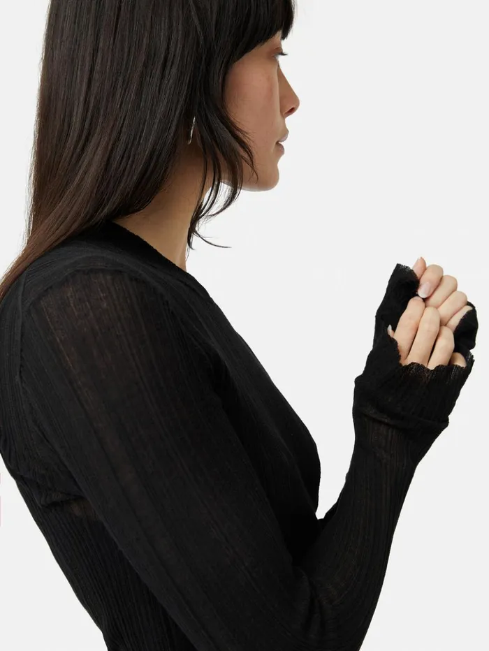 Jigsaw Irregular Plisse Crew Top Black Women Shirts and Tops
