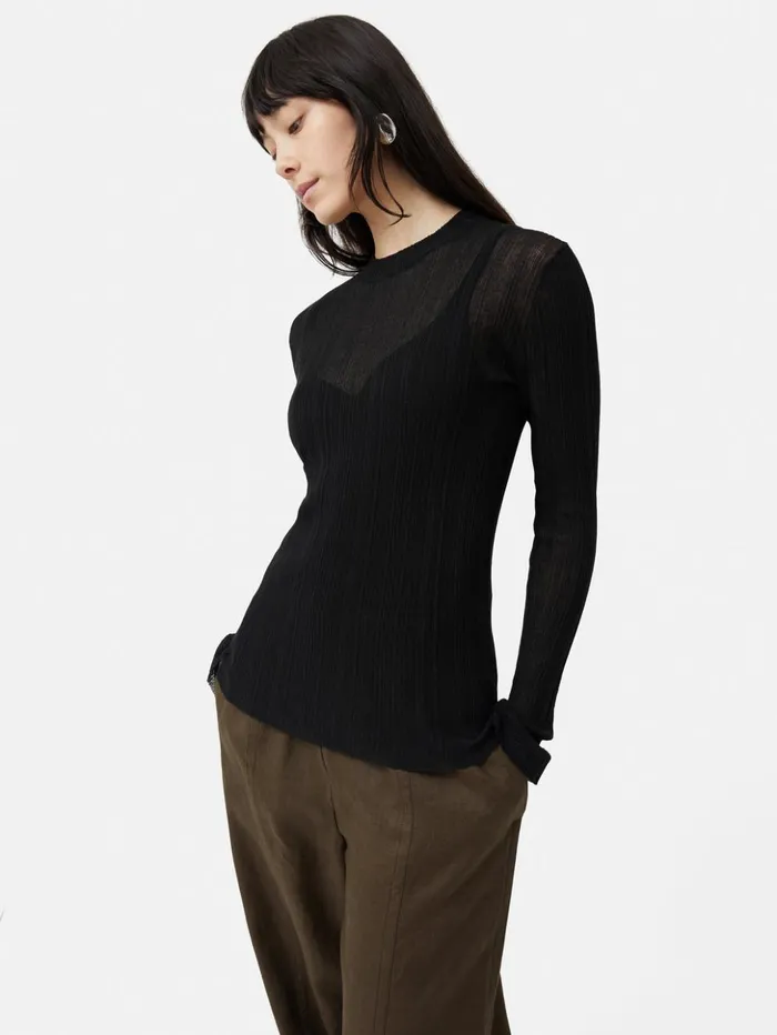 Jigsaw Irregular Plisse Crew Top Black Women Shirts and Tops