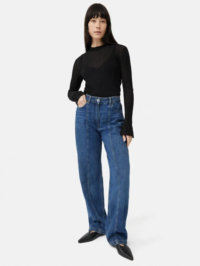 Jigsaw Irregular Plisse Crew Top Black Women Shirts and Tops