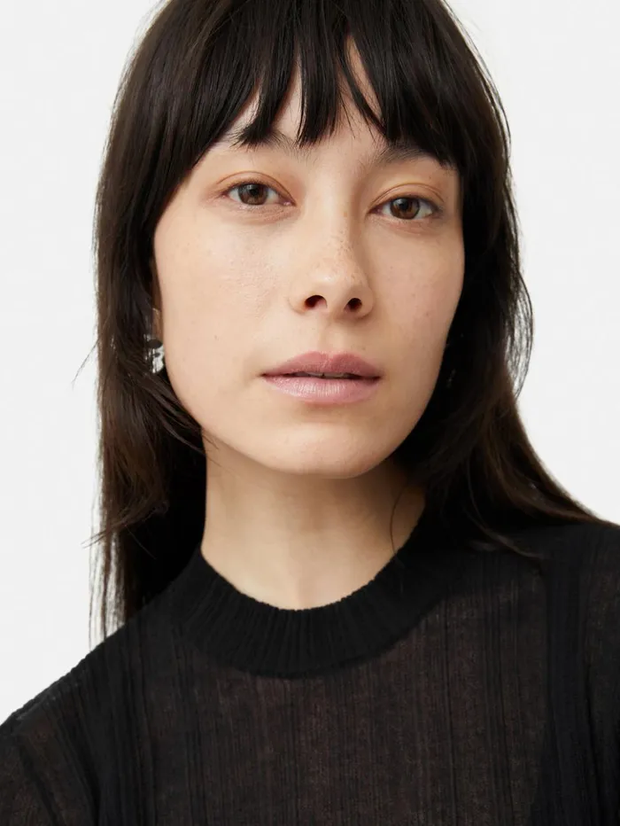 Jigsaw Irregular Plisse Crew Top Black Women Shirts and Tops