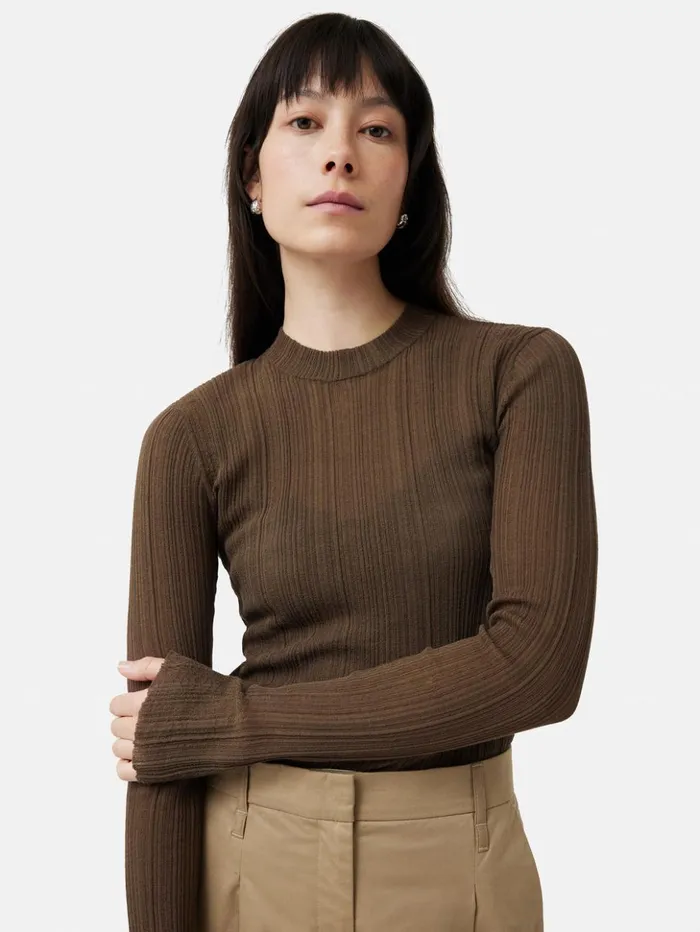 Jigsaw Irregular Plisse Crew Top Brown Women Shirts and Tops