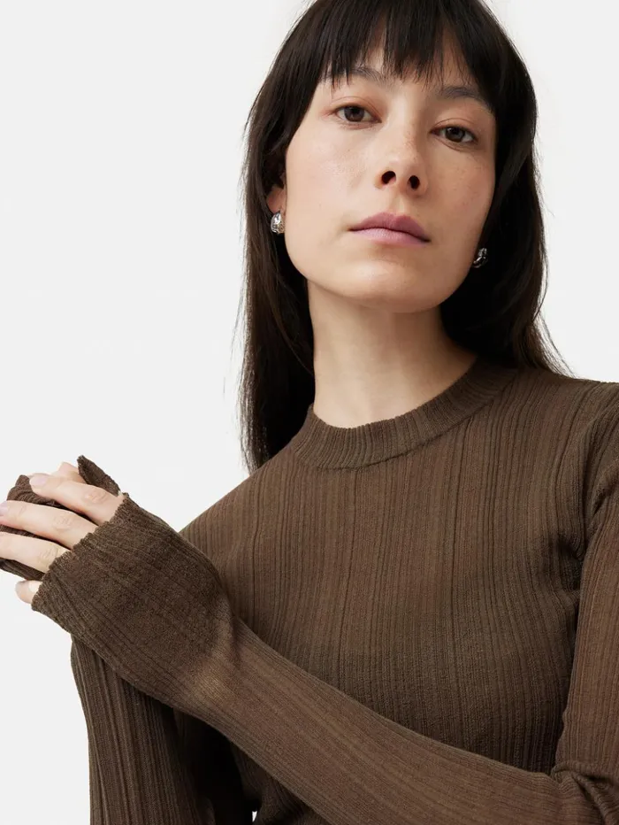 Jigsaw Irregular Plisse Crew Top Brown Women Shirts and Tops