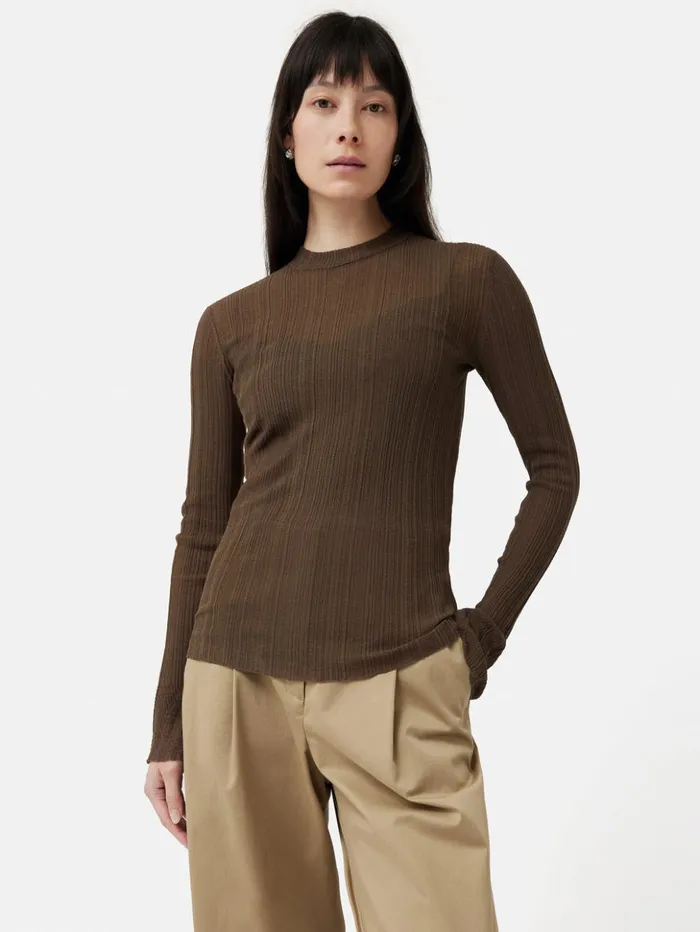 Jigsaw Irregular Plisse Crew Top Brown Women Shirts and Tops
