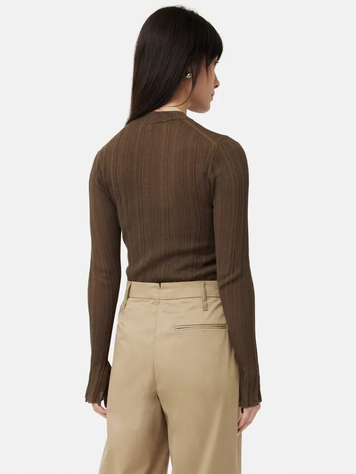 Jigsaw Irregular Plisse Crew Top Brown Women Shirts and Tops