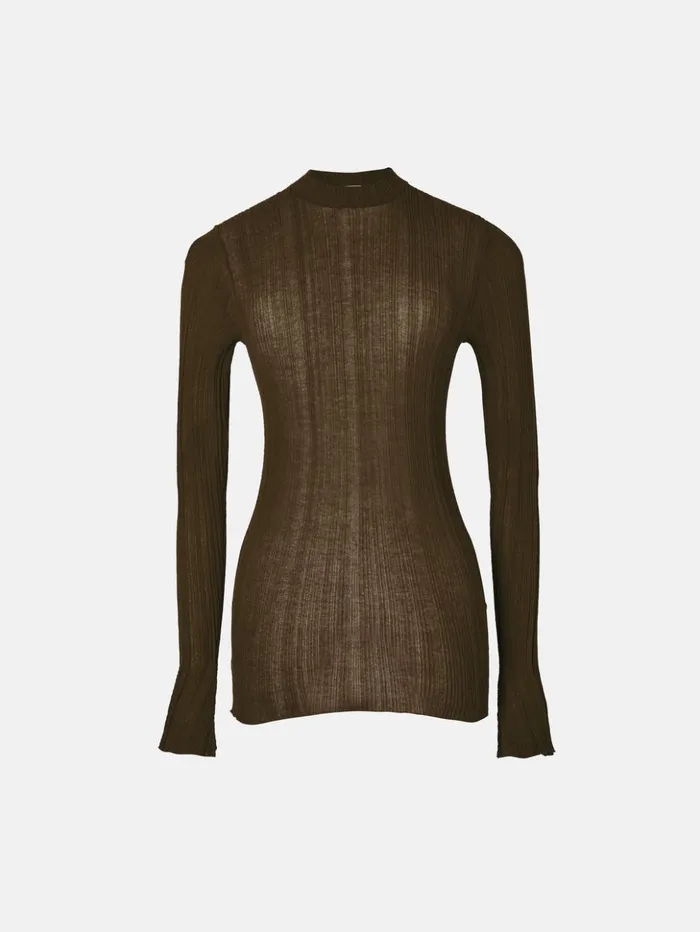 Jigsaw Irregular Plisse Crew Top Brown Women Shirts and Tops