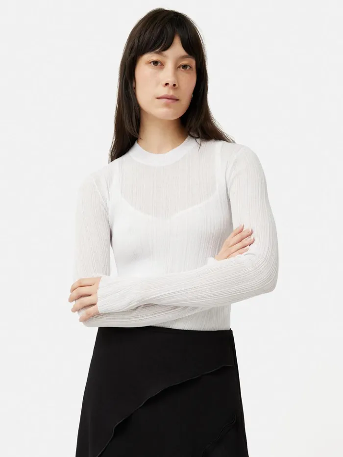 Jigsaw Irregular Plisse Crew Top White Women Shirts and Tops