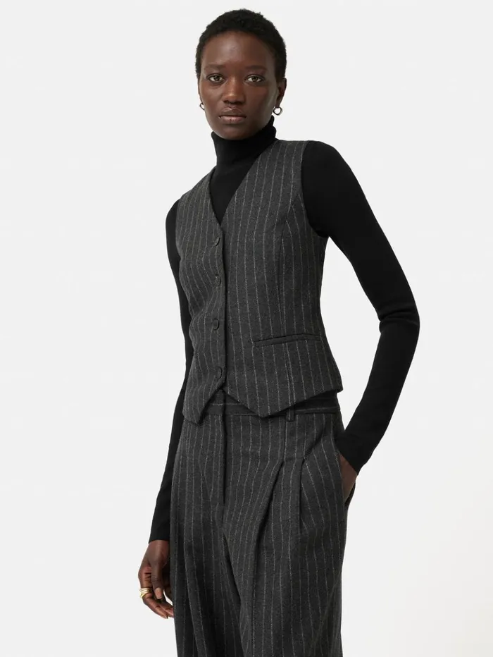 Jigsaw Italian Wool Tailored Pinstripe Waistcoat Grey Women Coats and Jackets