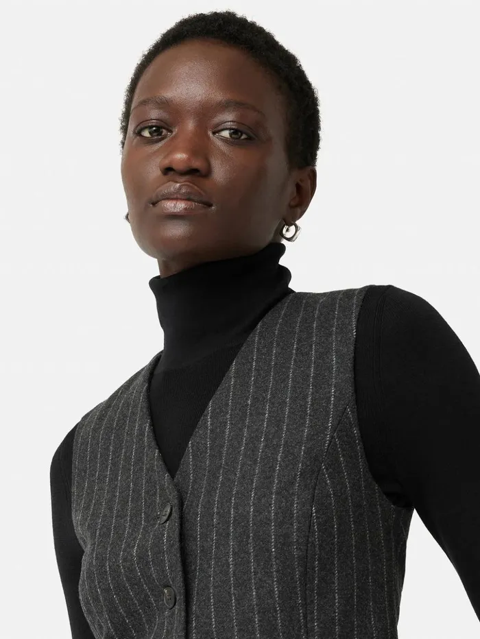 Jigsaw Italian Wool Tailored Pinstripe Waistcoat Grey Women Coats and Jackets