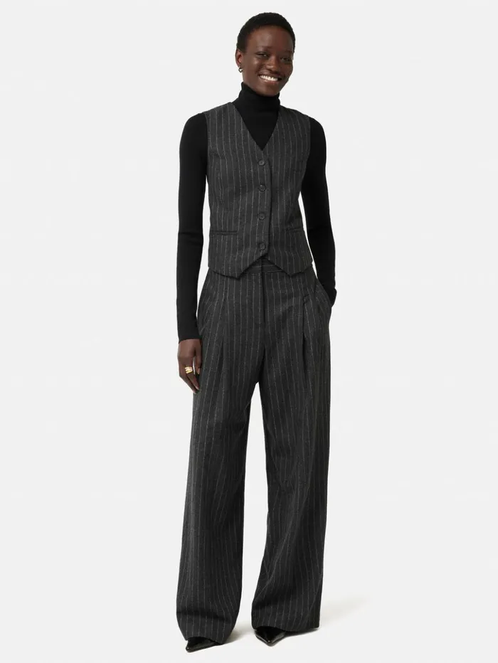 Jigsaw Italian Wool Tailored Pinstripe Waistcoat Grey Women Coats and Jackets