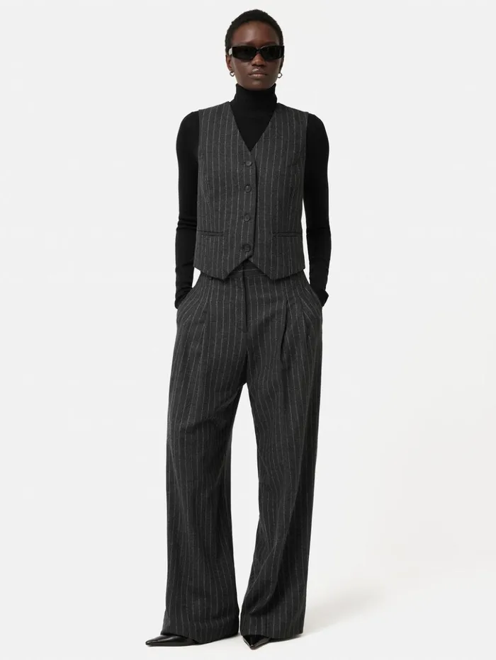 Jigsaw Italian Wool Tailored Pinstripe Waistcoat Grey Women Coats and Jackets