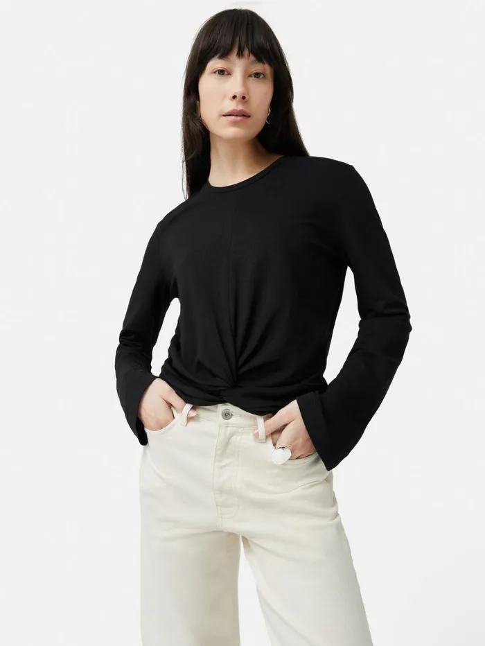 Jigsaw Knotted Front Long Sleeve Top Black Women Shirts and Tops