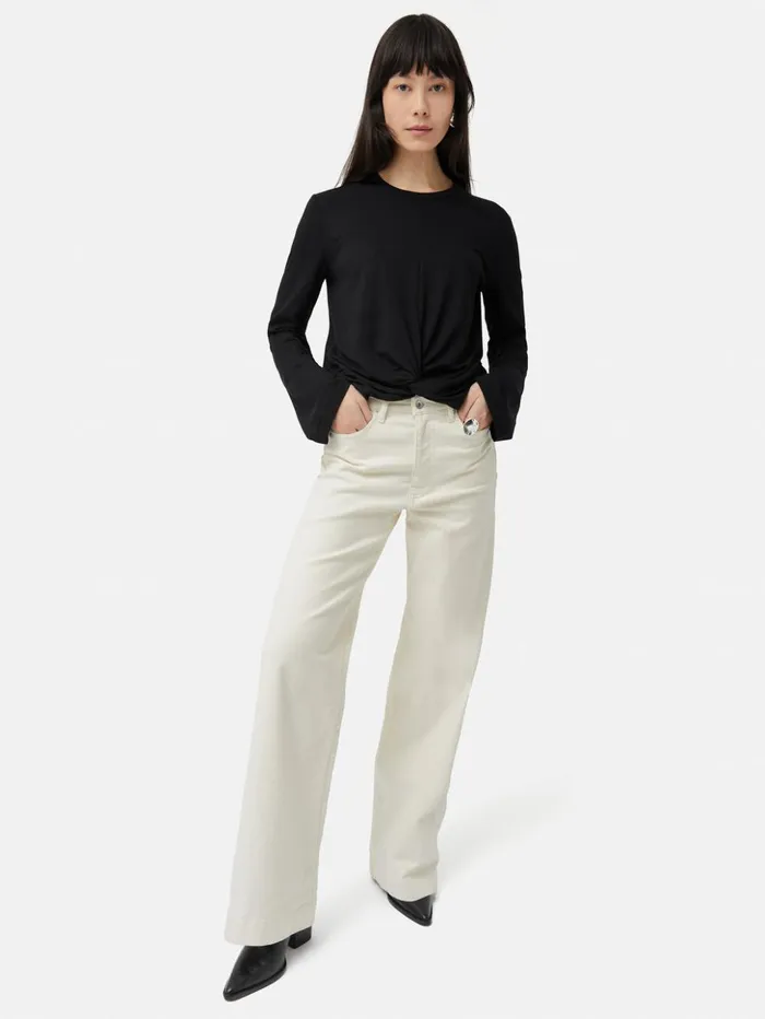 Jigsaw Knotted Front Long Sleeve Top Black Women Shirts and Tops