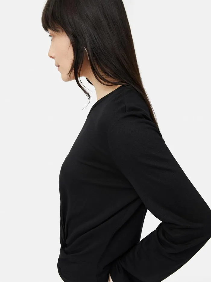 Jigsaw Knotted Front Long Sleeve Top Black Women Shirts and Tops
