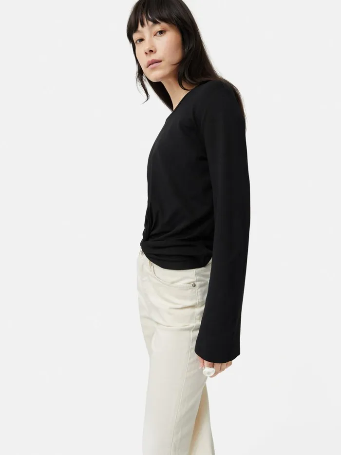 Jigsaw Knotted Front Long Sleeve Top Black Women Shirts and Tops