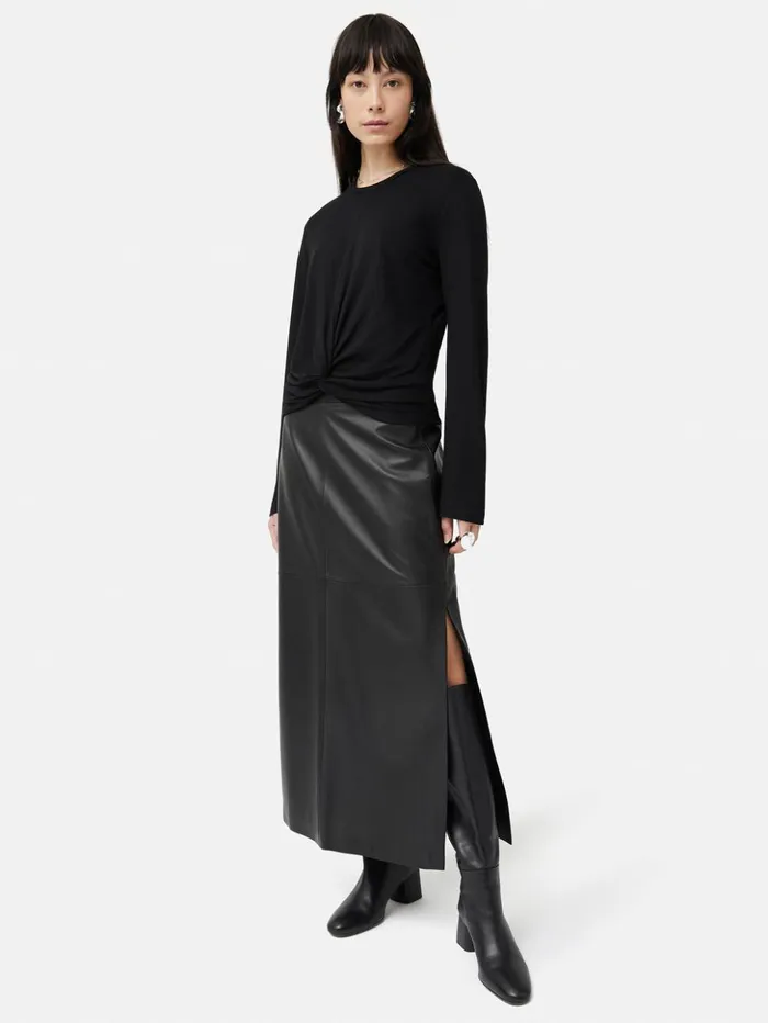 Jigsaw Knotted Front Long Sleeve Top Black Women Shirts and Tops