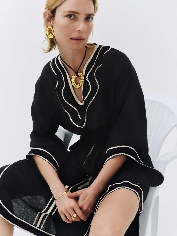 Jigsaw Linen Blend Embroidery Kaftan Black Women Dresses and Jumpsuits