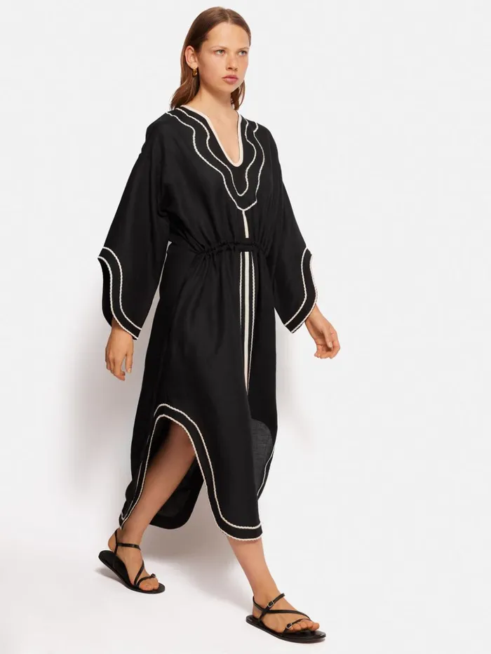 Jigsaw Linen Blend Embroidery Kaftan Black Women Dresses and Jumpsuits