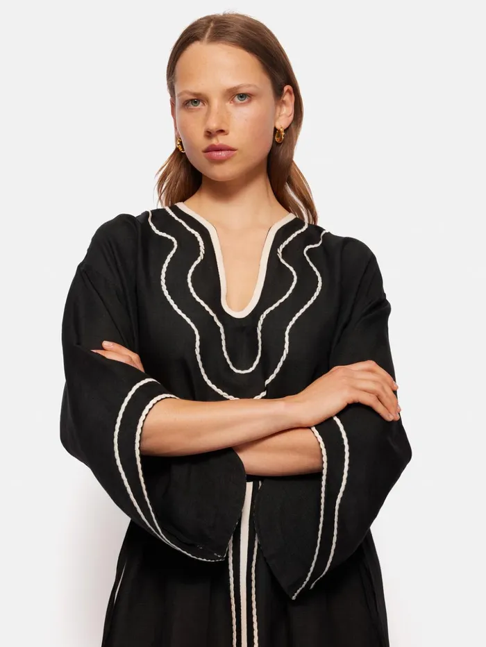 Jigsaw Linen Blend Embroidery Kaftan Black Women Dresses and Jumpsuits