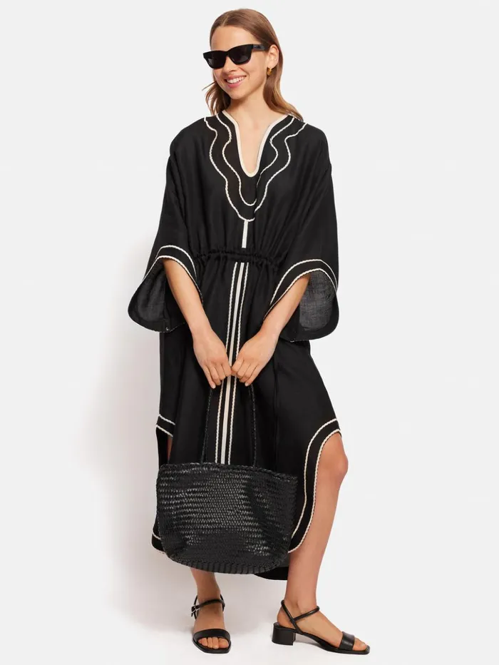 Jigsaw Linen Blend Embroidery Kaftan Black Women Dresses and Jumpsuits