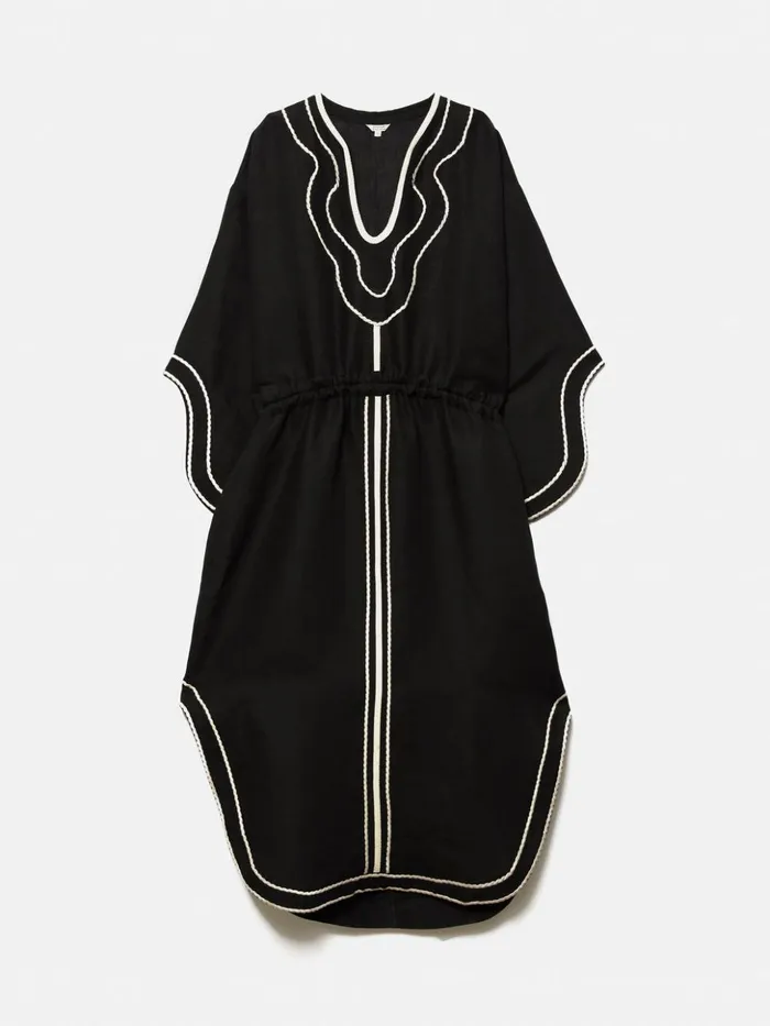 Jigsaw Linen Blend Embroidery Kaftan Black Women Dresses and Jumpsuits
