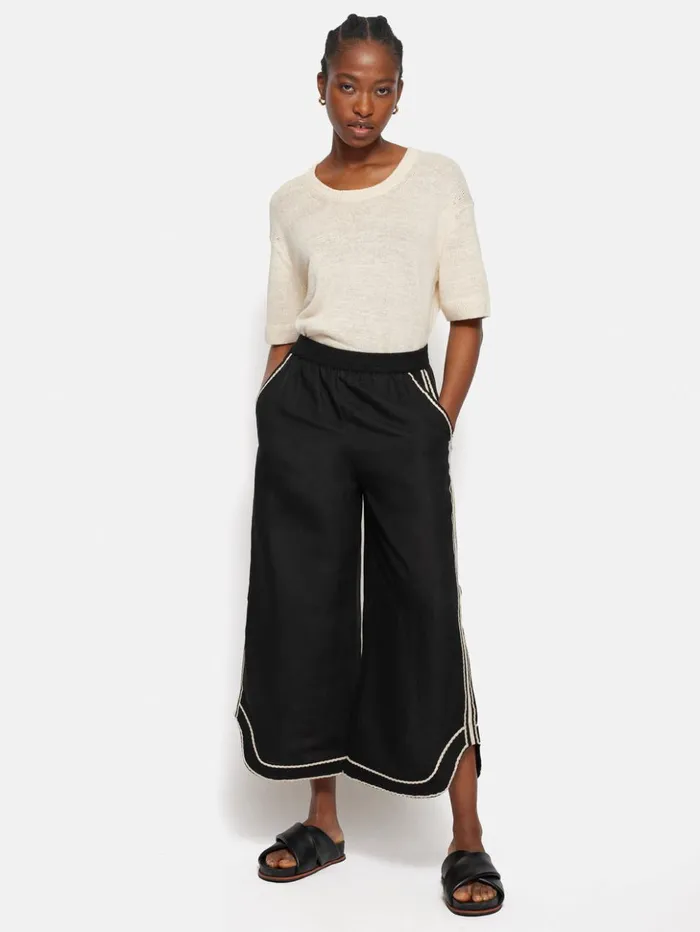 Jigsaw Linen Blend Embroidery Trouser Black Women Trousers