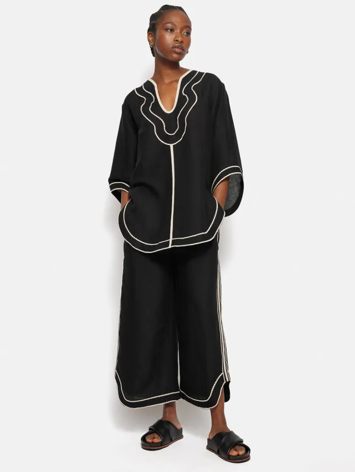 Jigsaw Linen Blend Embroidery Trouser Black Women Trousers