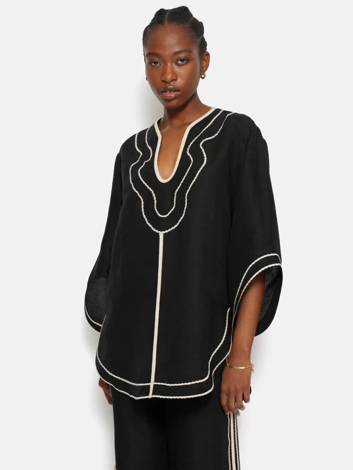 Jigsaw Linen Blend Embroidery Tunic Black Women Shirts and Tops