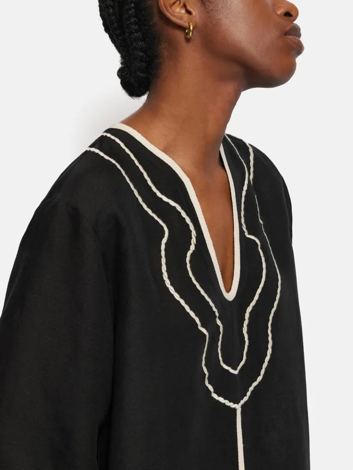 Jigsaw Linen Blend Embroidery Tunic Black Women Shirts and Tops