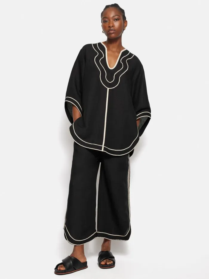 Jigsaw Linen Blend Embroidery Tunic Black Women Shirts and Tops