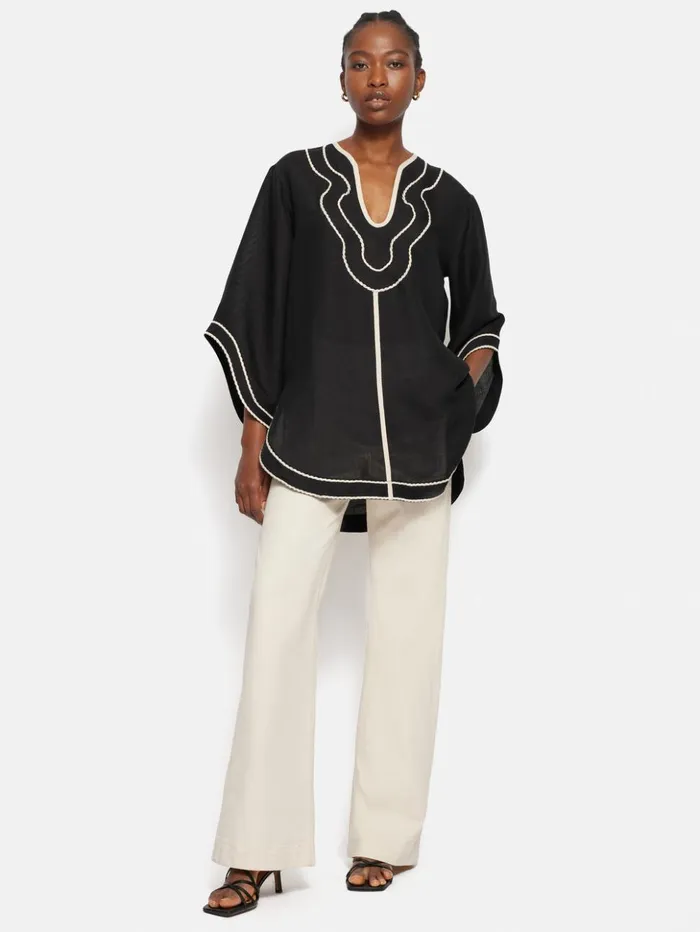 Jigsaw Linen Blend Embroidery Tunic Black Women Shirts and Tops