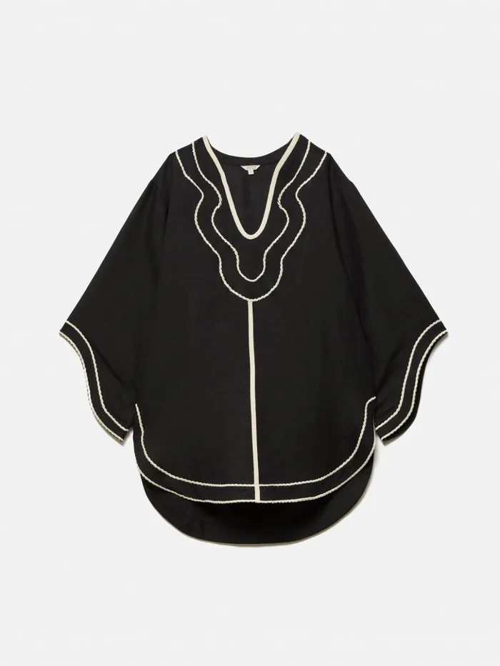 Jigsaw Linen Blend Embroidery Tunic Black Women Shirts and Tops