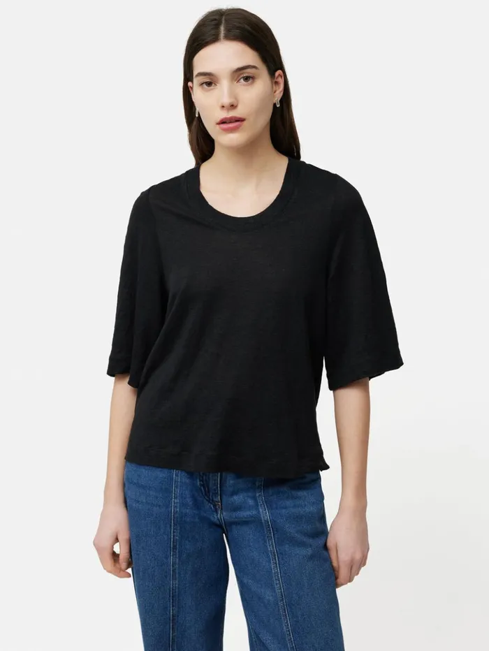 Jigsaw Linen Blythe Half Sleeve Tee Black Women Shirts and Tops
