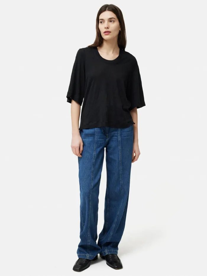 Jigsaw Linen Blythe Half Sleeve Tee Black Women Shirts and Tops