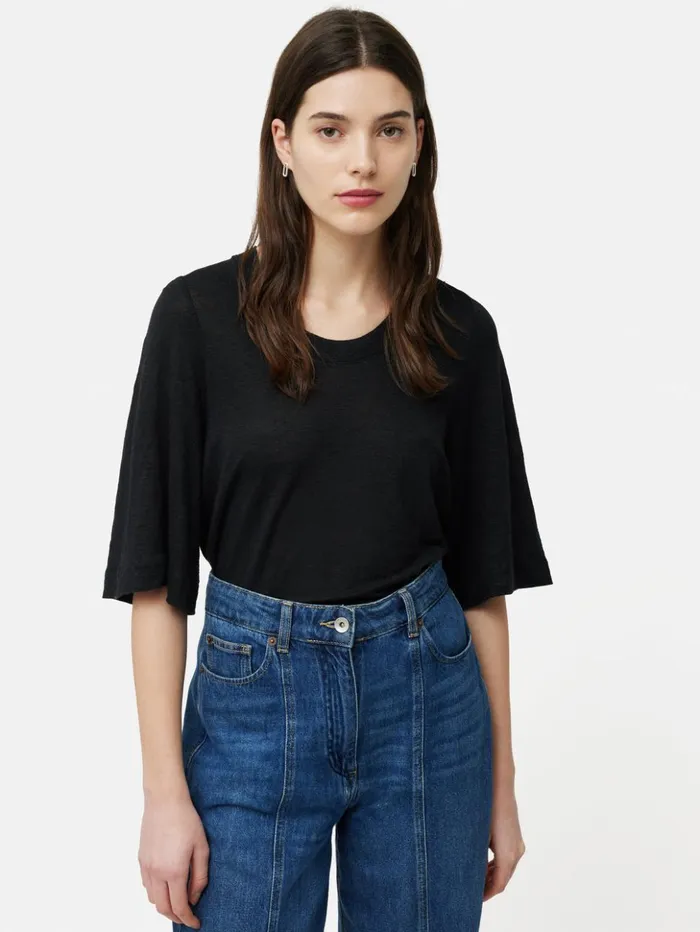 Jigsaw Linen Blythe Half Sleeve Tee Black Women Shirts and Tops