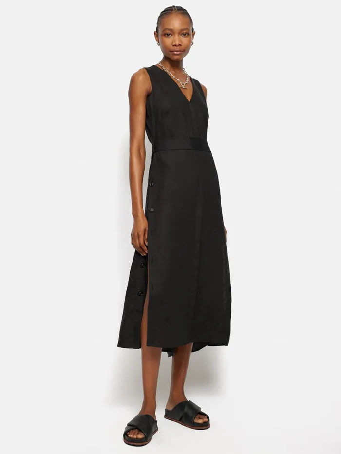 Jigsaw Linen Button Detail Dress Black Women Dresses and Jumpsuits