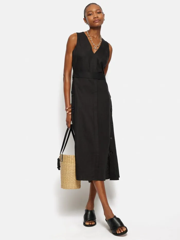 Jigsaw Linen Button Detail Dress Black Women Dresses and Jumpsuits