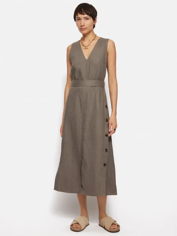 Jigsaw Linen Button Detail Dress Taupe Women Dresses and Jumpsuits