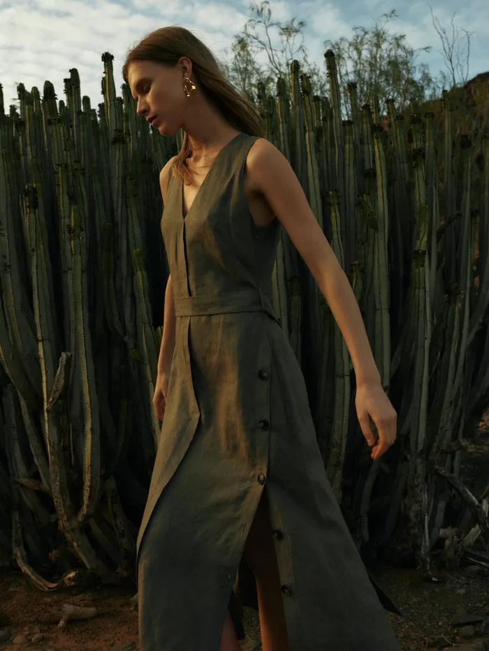 Jigsaw Linen Button Detail Dress Taupe Women Dresses and Jumpsuits