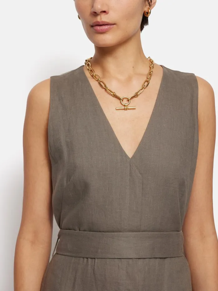 Jigsaw Linen Button Detail Dress Taupe Women Dresses and Jumpsuits