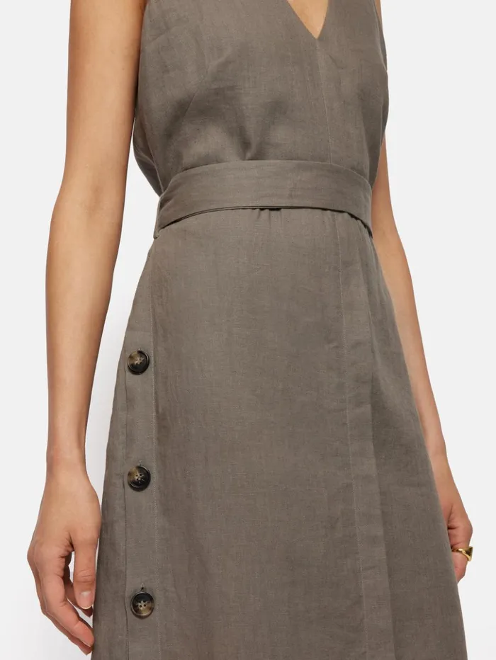 Jigsaw Linen Button Detail Dress Taupe Women Dresses and Jumpsuits