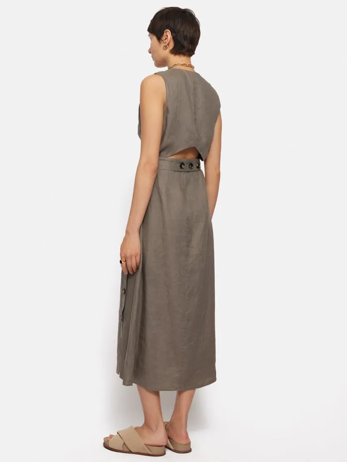 Jigsaw Linen Button Detail Dress Taupe Women Dresses and Jumpsuits
